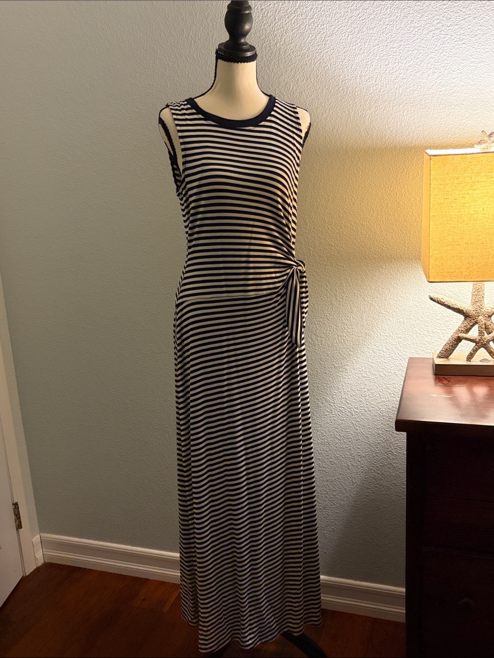 Cable & Guage Striped Navy and White Sleeveless Maxi Dress with Side Tie